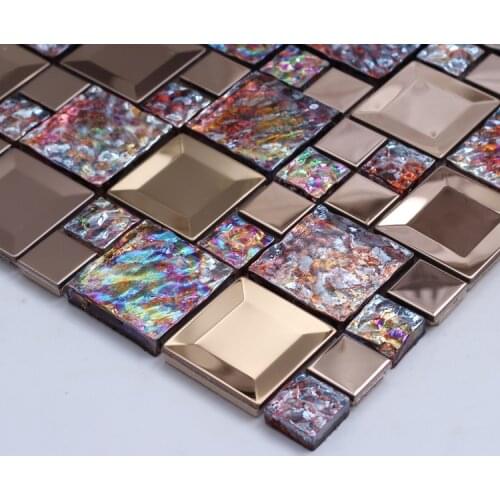 Colorful shining glass mixed stainless steel tiles in mosaic mesh backing squared for kitchen backsplash bathroom shower tiles