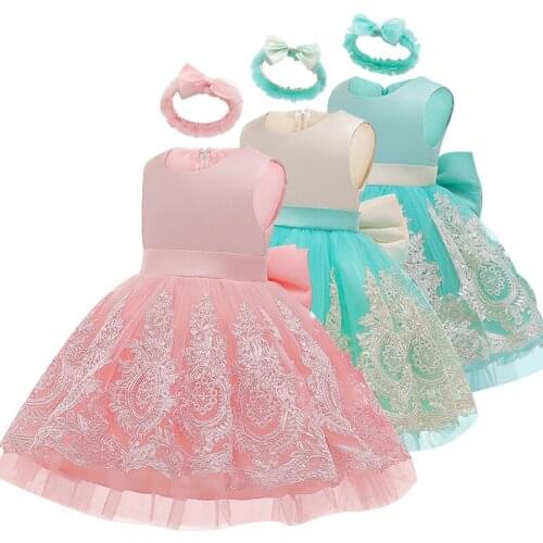 Baby girl dress lace princess dress bowknot headwear sweet cute sleeveless pettiskirt princess dress baby girl birthday dress