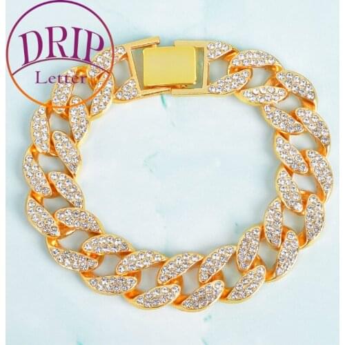 Fashion Men Bracelets & Bangles High Quality Gold Color Iced Miami Bling Rhinestone Cuban Chain Hip Hop Jewelry