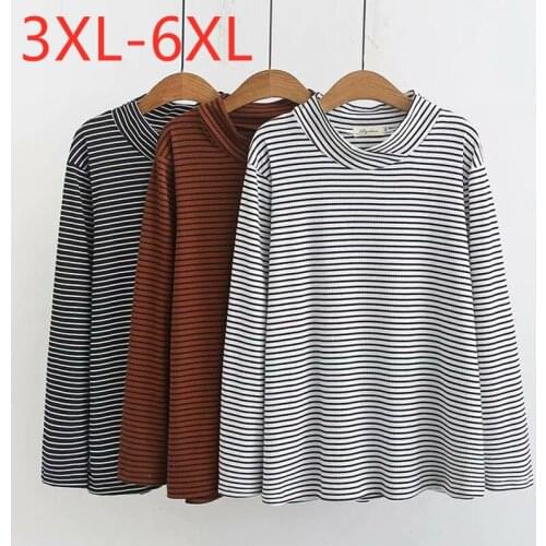 New 2021 Ladies Spring Autumn Plus Size Knit Basic Tops For Women Large Long Sleeve Slim Black Stripe T-Shirt 3XL 4XL 5XL 6XL