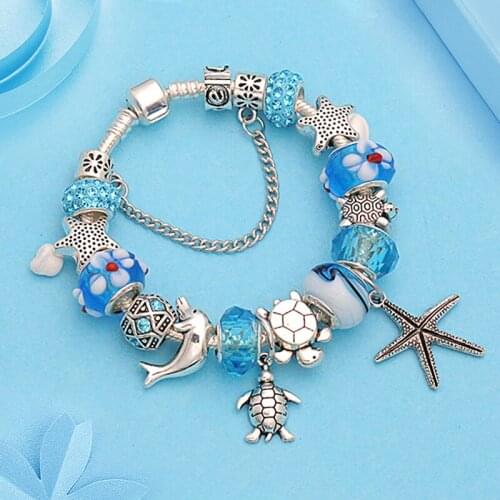 New Design Blue Crystal Charm Bracelet Vintage Tibetan Silver Starfish Dolhin Bead Bracelet Bangle Casual Diy Jewelry Making