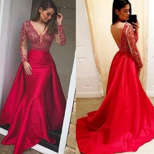 Mermaid Prom Dresses V Neck Long Sleeves Satin Lace Appliques Sexy Backless Plus Size Evening Party Gowns with Detachable Skirt