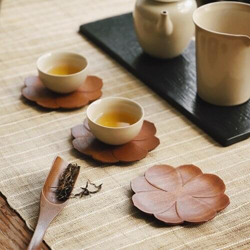 Lotus Design Durable Crude Wood Cup Pad For Coffee Mug Tacup Water Heat Insulated Wooden Tray For Refreshments Dessert Snack