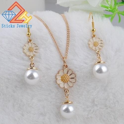 Charm Gold rose Simulated Pearl Pendant Necklace Set Long Chain Necklace Jewelry Wedding Necklace Accessories