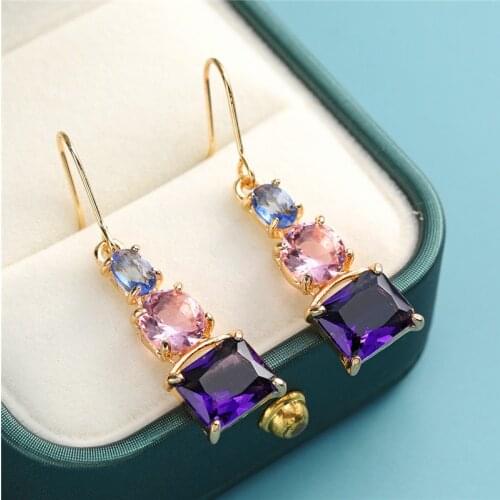 Luxury Female Purple Crystal Drop Earring Yellow Gold Color Wedding Earrings For Women Trendy Geometric Long Dangle Earring
