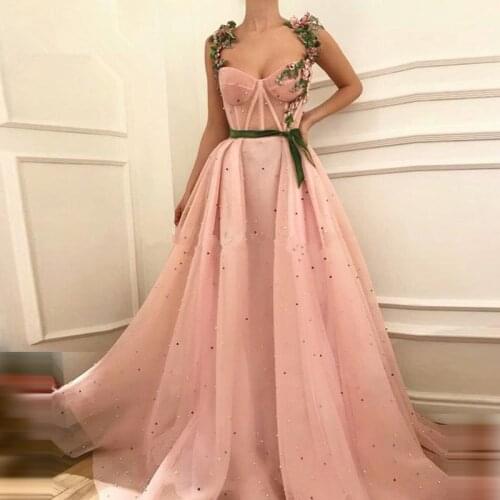Pink Muslim Evening Dresses A-line Sweetheart Tulle Pearls Islamic Dubai Saudi Arabic Long Formal Evening Gown Prom Dress