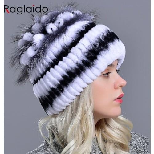 Natural Rabbit Fur Hats Women Fluffy Winter Warm Beanies Floral Fashion Bonnet Casual Female Earflap Hand sewn Snow Hat