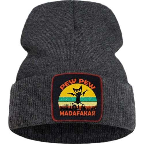Pew Pew Madafaka Bonnet Hat Unisex Black Cat Knitted Hats Breathable Outdoor Street Skullies Hat Winter New Casual Beanie Caps