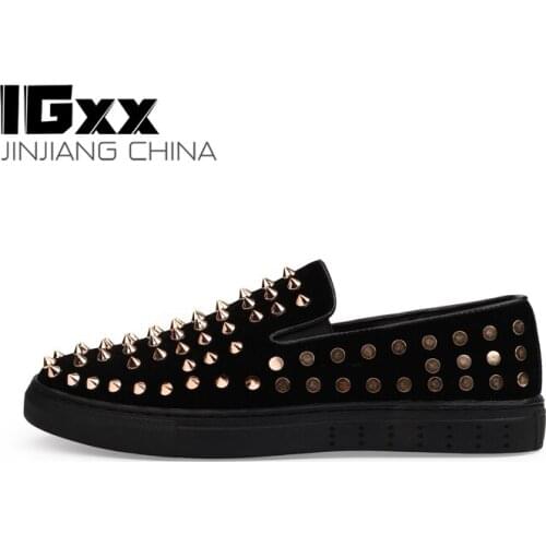 IGxx Elastic Rivet Shoes For Men Black Punk Metal Spikes Shoes Mens Clubs Flats Loafers Genuine Leather Motorcycle Shoes Men