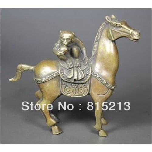 Wang 000165 Chinese Old Brass Wonderful Handwork Hammered Monkey On Horseback Statue