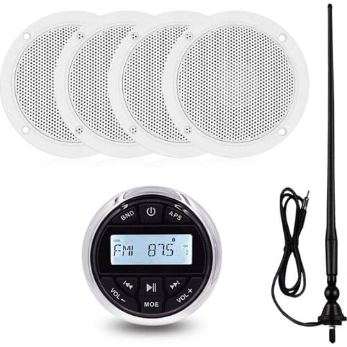 Waterproof Marine Radio Boat Stereo Audio Bluetooth Receiver Car MP3 Player+2Pair 4" Marine Speakers+FM Antenna For RV ATV Yacht