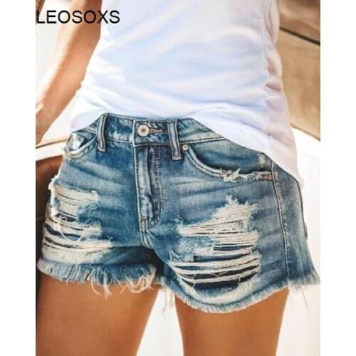 Womens Denim Shorts Fashionable Summer New High Waist Tassel Pierced Denim Shorts Casual Streetwear