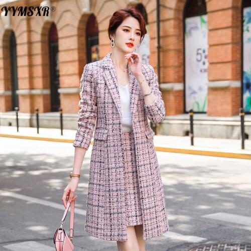 New Autumn and Winter Womens Skirt Suit 2-piece Suit Plaid Long Office Jacket High Quality Elegant Slim High Waist Skirts 2021