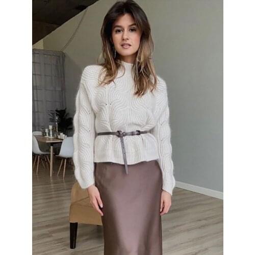 Wixra Sweaters Women Mock Neck Soft Cozy Pullover Femme Jumper Hollow Out Ladies Knitwear Top Autumn Winter