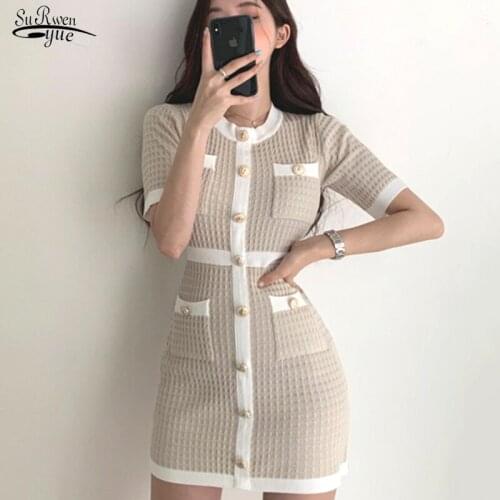 Elegant Korean Knitted Dress Lady Party Summer Black Button Bodycon Mini Dress Vestido Short Dresses For Women 2021 Robes 12105