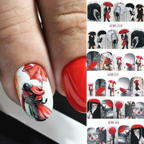 12pcs Valentines Designs Memory Stickers 3D Lover Slider on Nails Lover Red Umbrella Adhesive Foils Art Accessories
