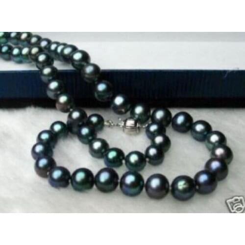 18" 9-10 mm tahitian black green pearl necklace AAA