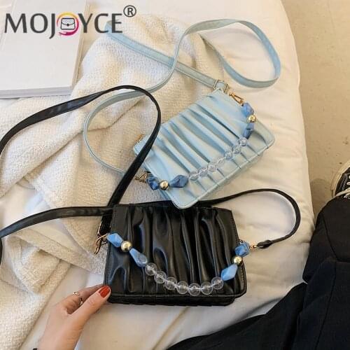 2021 Pleated Female Handbag Vintage Women PU Leather Pleated Bead Chian Solid Color Crossbody Shoulder Bag Women