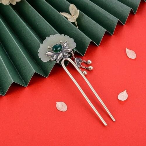 925 Sterling Silver Hair Fork With Jade Agate Hairpin Tassel Fine Jewelry Luxury Gift
