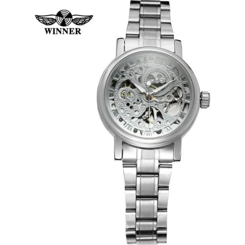 WINNER Ladies Classic Automatic Mechanical Watch Self-Wind Carving Skeleton Roman Index Dial Full Steel Women Wrist Watches