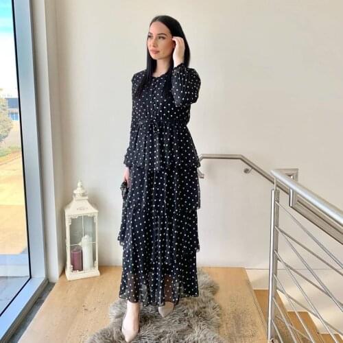 Dubai Dots Printed Abaya Muslim Fashion Hijab Dress European Islam Abayas Womens Robe Musulman De Moda Femme Vestidos F2700