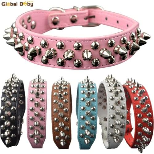 Hot Sale Pu Leather Studded Round Spikes and Small MushRoom Dog Pet Collar BullDog Necklace