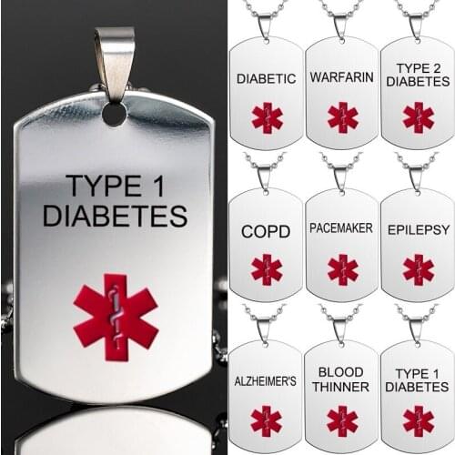 Stainless Steel Medical Diabetic Type 1 Type 2 Diabetes Epilepsy Allergy Copd Alert Tag Pendant Necklace For Men Women