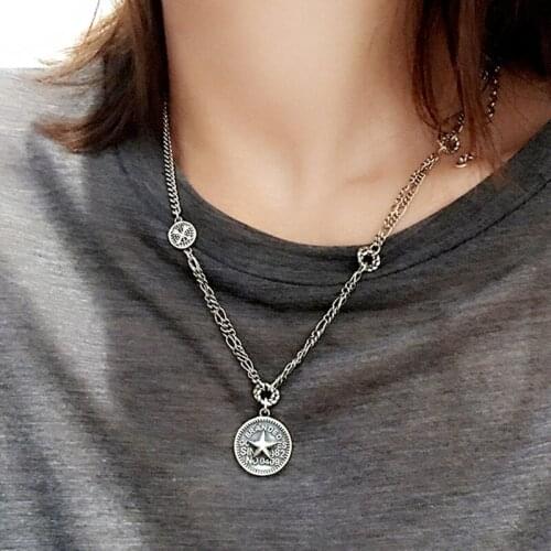 YIZIZAI Retro Letter Pentacle Round Pendant Charm Silver Color Necklace Antique Jewelry Collar Women Chokers