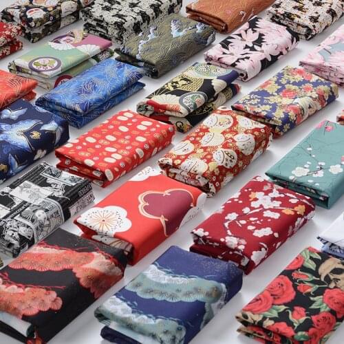 Half Meter Handmade Pure Cotton Fabric With Butterfly Red-crowned Crane Wave Print, Japanese Soft Breeze Cloth CR-977