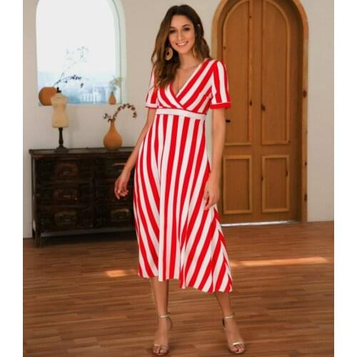 Printed Sexy V-neck Short-sleeved Summer Dress Women 2020 Striped Long Summer Dress For Women Elegant Midi Dress Casual
