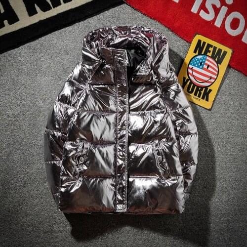 Silver Bright Jacket Coat Man Winter Warm Thick Down Cotton Padded Short Parkas Bread Style Fashion Mens Bomber Hooded Outwear