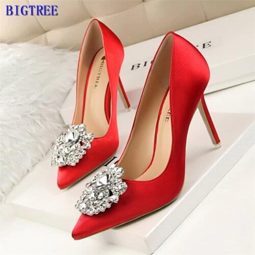 BIGTREE Silver Gray Black Women Bridal Wedding Shoes Faux Silk Satin Rhinestone Crystal Shallow Woman Pumps Stiletto High Heel