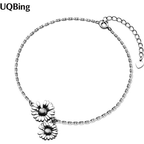 Vintage Thai Silver Link Chain Sunflower Charm Braelets For Women 925 Sterling Silver Jewelry