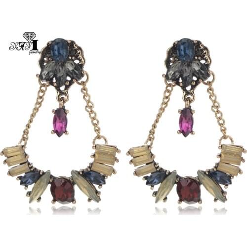 YaYi Jewelry Fashion BOHO Multicolor Glass Crystal Rhinestone Dangle Women Ancient Gold Color Wear Ear Band Long Tassel Earrings