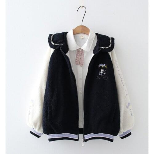 Fleece Lamb Wool Women Zipper Jacket Cartoon Embroidery Coat 2020 Winter Long Sleeve Turndown Collar Warm Casual Ladies Outwears