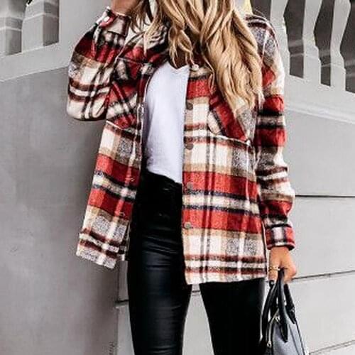 50% Dropshipping Women Autumn Turn Down Collar Long Sleeve Buttons Plaid Shirt Coat Outerwear
