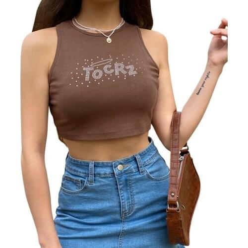 Womens Casual Tank Tops Summer 2021, Sleeveless Crew Neck Rhinestone Slim Fit Workout Crop Tops