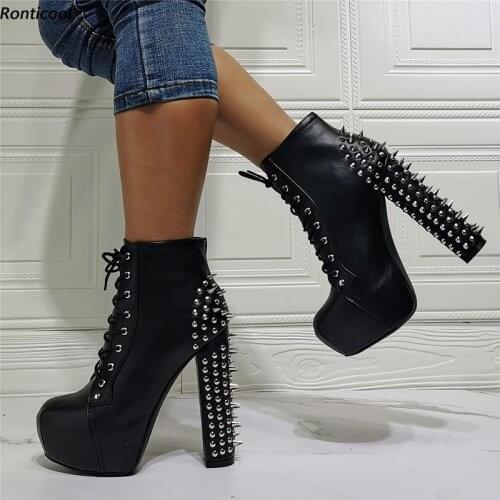 Ronticool Super Sexy Women Platform Ankle Boots Winter Studded 14-16 Cm Square Heels Round Toe Black Catwalk Shoes Size 46 47