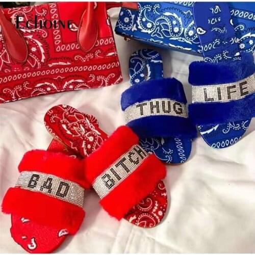 Echoine Womens Rhinestone Flat Shoes House Slippers Spring 2021 Women Fashion Winter Fur Slippers Flip Flops Woman Blue Shoes