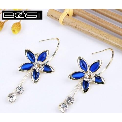 BOSI Blue Flower Earrings Fashion Jewelry Crystal Earrings Women Drop Rhinestone Long Earrings Boho Earrings Luxury Hoop Earring