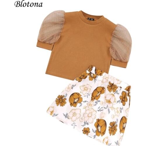 Blotona New Girls Casual Clothing Set Puff Sleeve Round Neck Tops+ Flower Print Skirt Two-piece Suit for Vacation Birthday Party