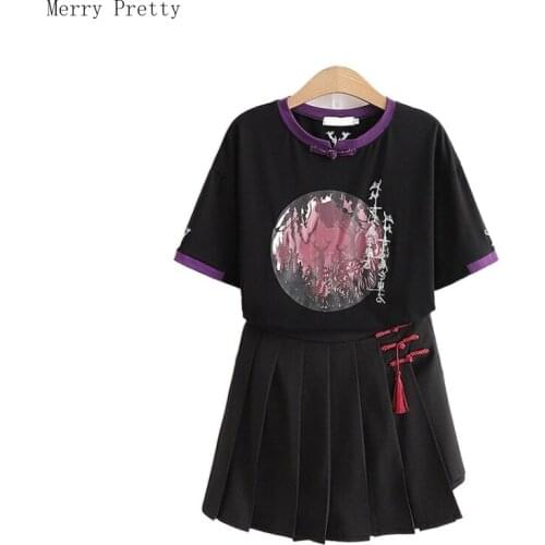 Women Black Casual Dress Sets Hight Waist Mini Skirts And Harakuju Print Graphic T Shirts 2021 Summer 2 Piece Set Clothes