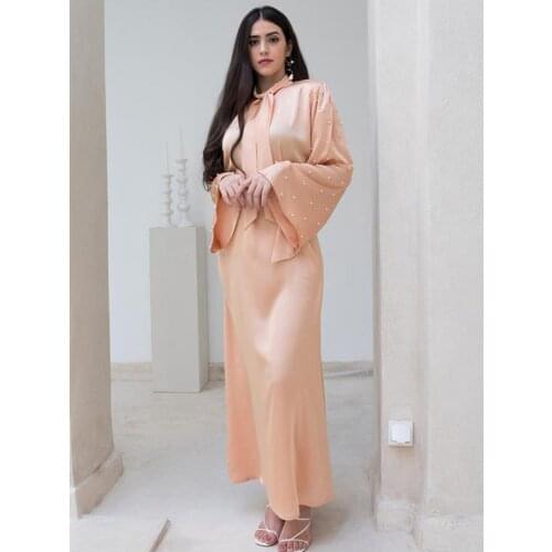 Women Beading Maxi Dress A Line Satin Long Sleeves Tie Neck Dubai Muslim Abaya Modest Islamic Clothes Turkey Party Eid Jalabiya