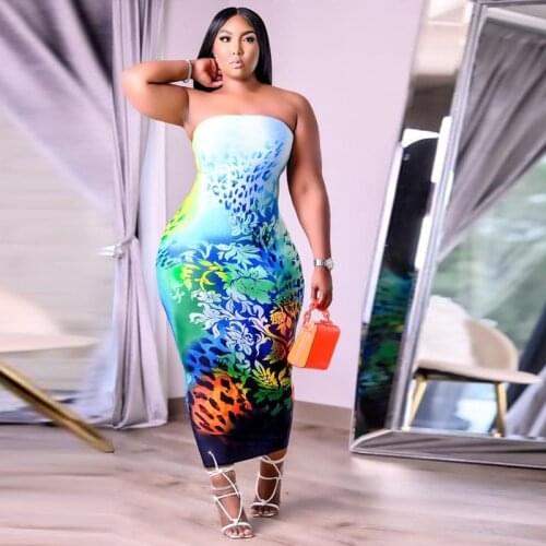 Womens European and American Fashionsexy Printedstrapless Back Dress Burnt Flower Dress Sexy Tube Top Straight Long Skirtwomen