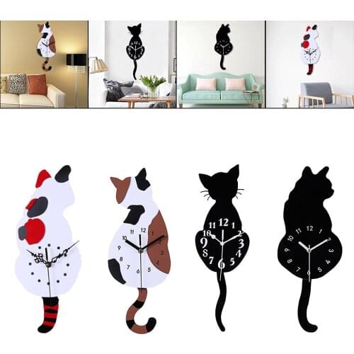 1pc 3D Cat Quartz Wall Clock Swinging Tail Pendulum Battery Operated for Bedroom