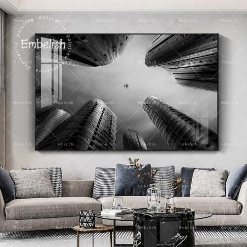 1 Pieces Black And White Airplane Fly Over City Sky Home Decor Pictures Landscape Wall Art Posters Home Decor HD Canvas Painting