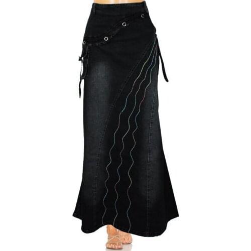 2021 Summer Womens Retro Jeans Skirts Plus Size Literary Style Stitching Expandable Fishtail Denim Skirt High Waist Denim Skirt