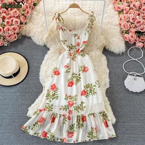 Bohemia Chiffon Beach Long Dress Women Summer Spaghetti Strap Backless Sexy Club Robe Longue Dresses Print Floral White Dress