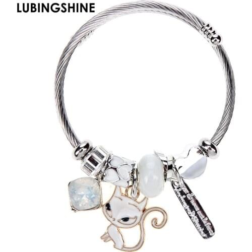 Cute Cat Pendant Charm Bangle Bracelet Crystal Dangle Heart Bead Stainless Steel Bangles For Women Men Jewelry Party Gift