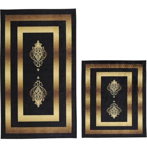 Elite Rectangle Luxury 2 Pieces Bathroom Mat Set Black-Gold Non Slip - Velvet Digital Print - 60*100 cm / 60*50 cm - ALBERTA